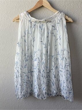 Elena Baldi Silk Sleeveless White Blouse with Light Blue Leaf Print